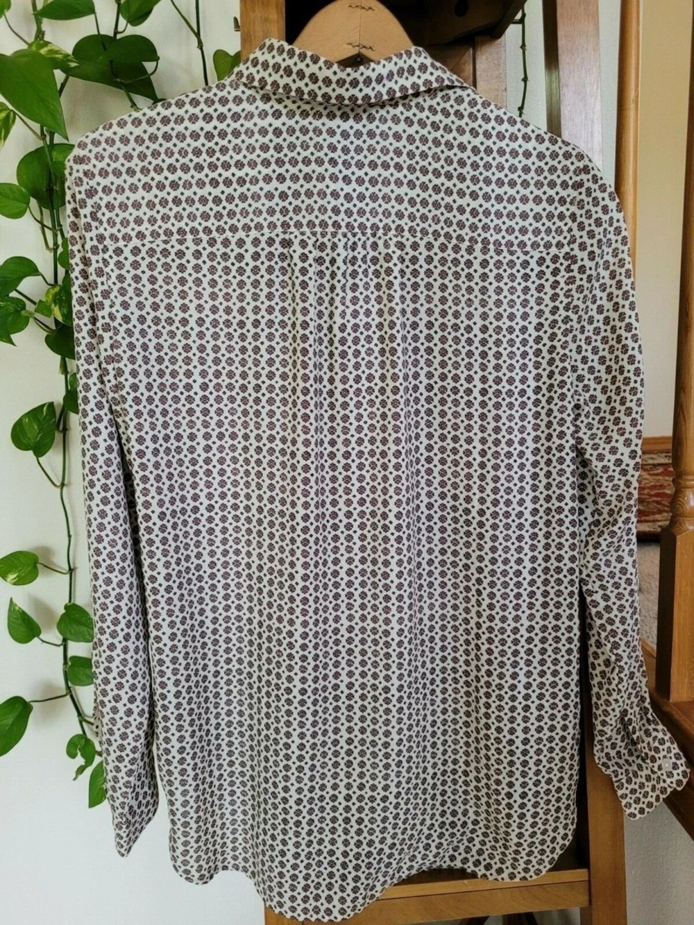 LOFT Cream Button Down with Brown Floral Pattern, Size Small